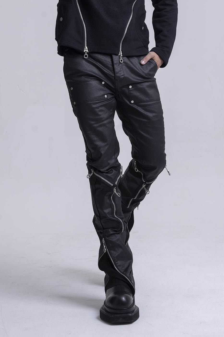 INSIDE OUT Multi-Zipper Rivet Pants