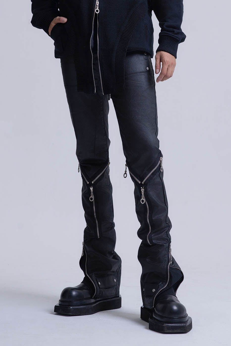 INSIDE OUT Multi-Zipper Rivet Pants