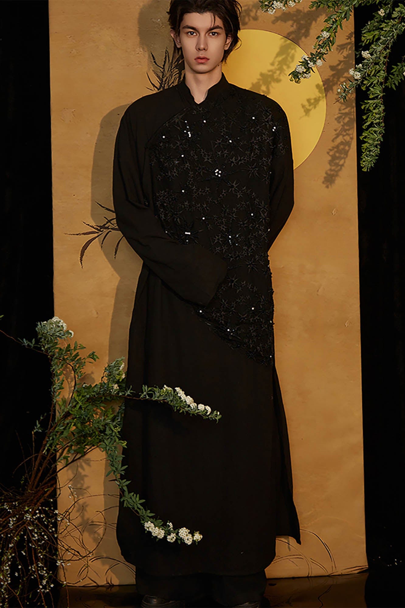 JIECHI Asymmetrical Beaded Embroidered Layered Mandarin Collar Coat