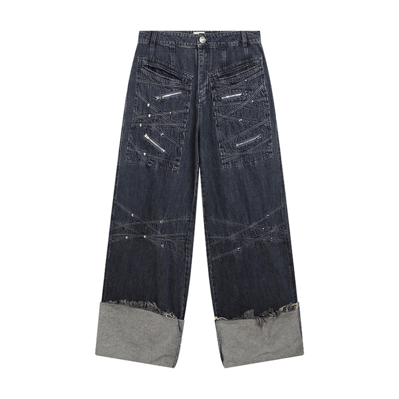 DND4DES Patchwork Raw-Edge Zipper Jeans Dark Blue