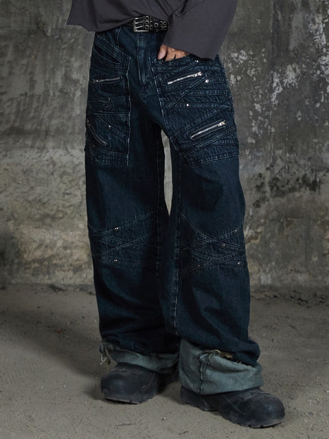 DND4DES Patchwork Raw-Edge Zipper Jeans Dark Blue