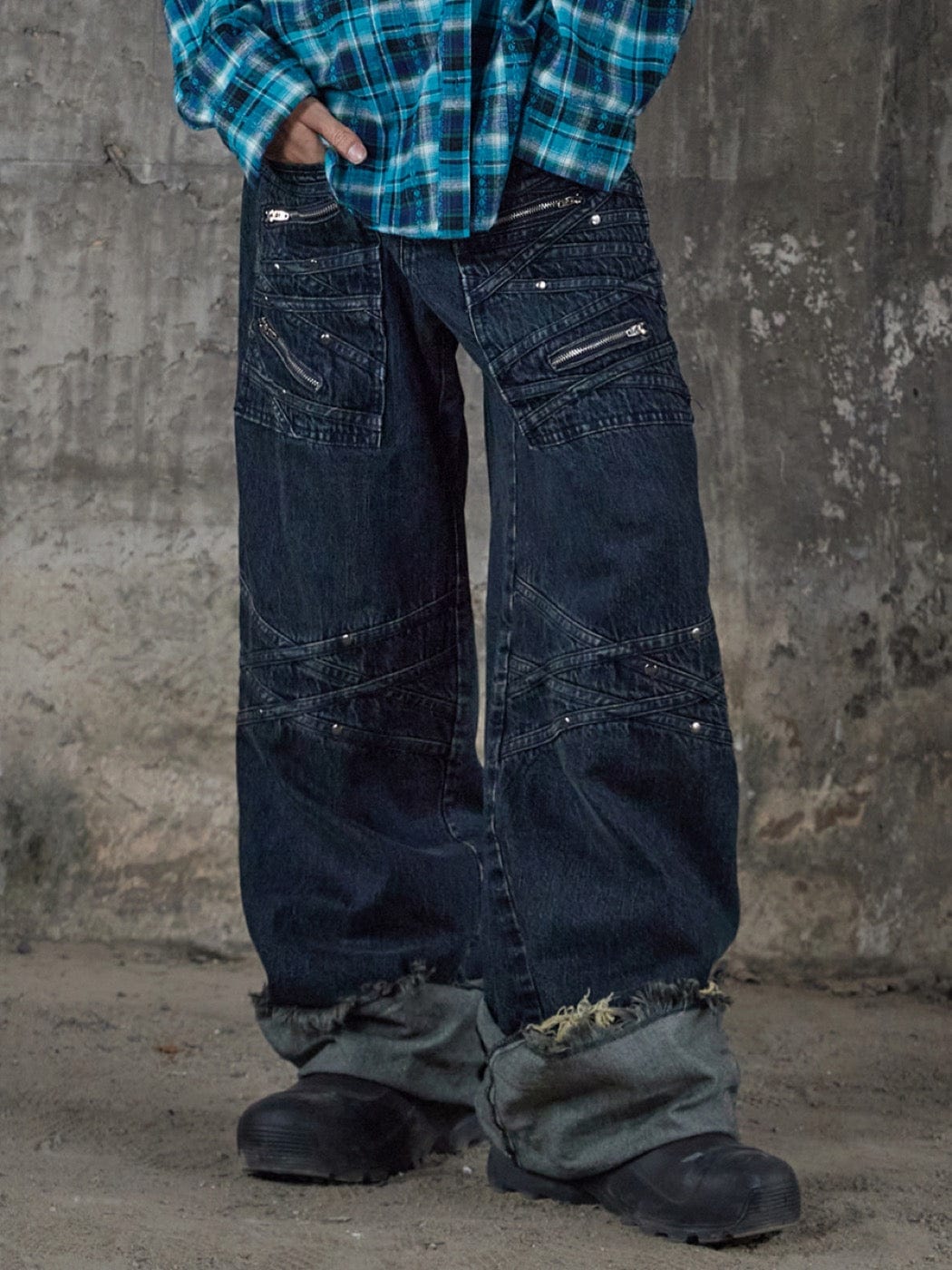 DND4DES Patchwork Raw-Edge Zipper Jeans Dark Blue
