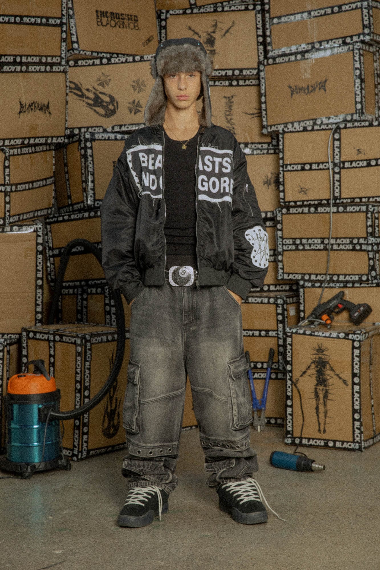BLACK8MOB Studded Patchwork Bomber Jacket