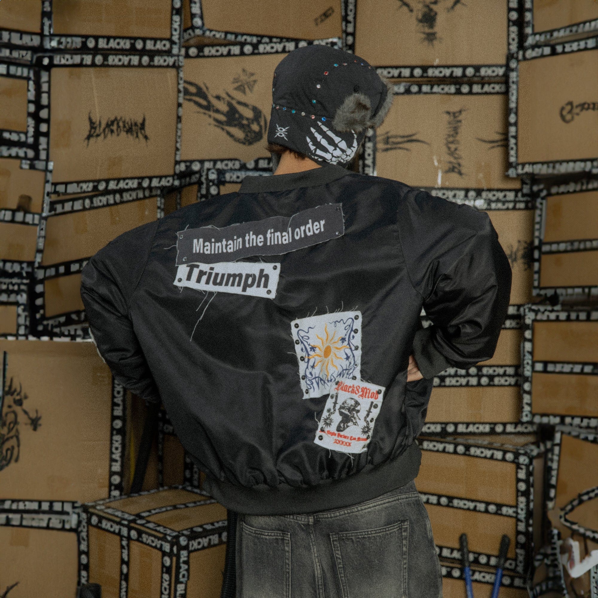 BLACK8MOB Studded Patchwork Bomber Jacket