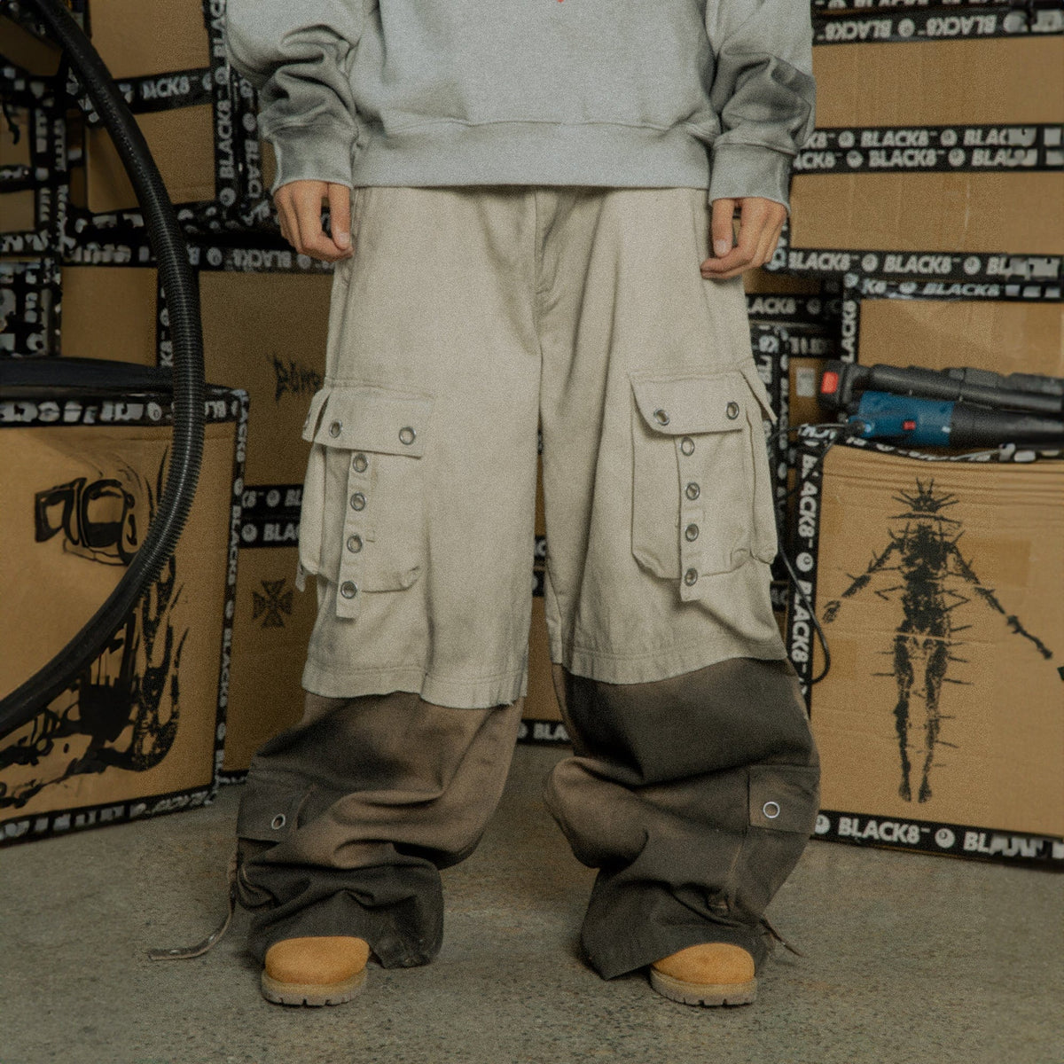 BLACK8MOB Distressed Paneled Multi-Pocket Cargo