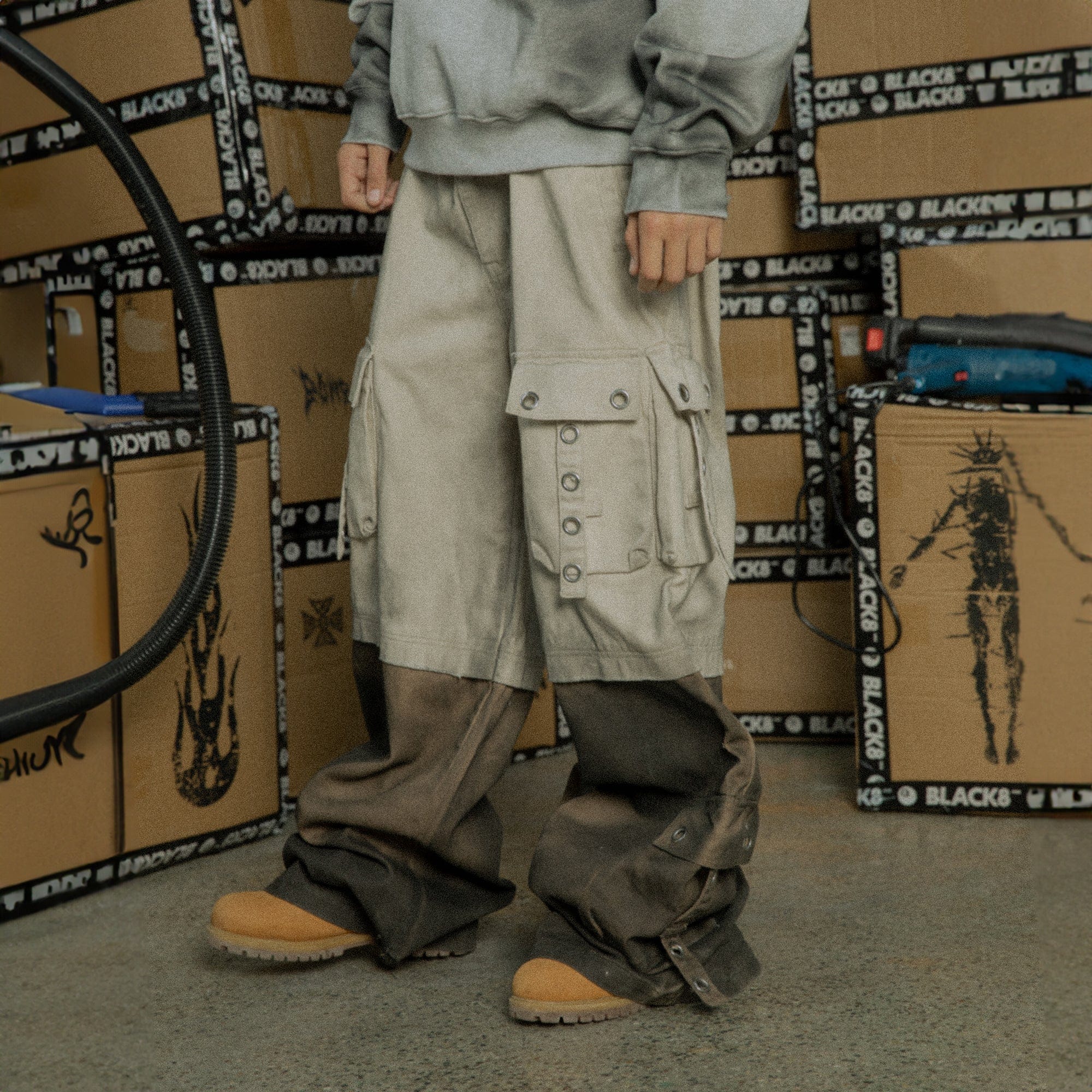 BLACK8MOB Distressed Paneled Multi-Pocket Cargo