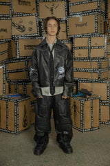 BLACK8MOB Distressed Graphics Faded Studded Leather Jacket