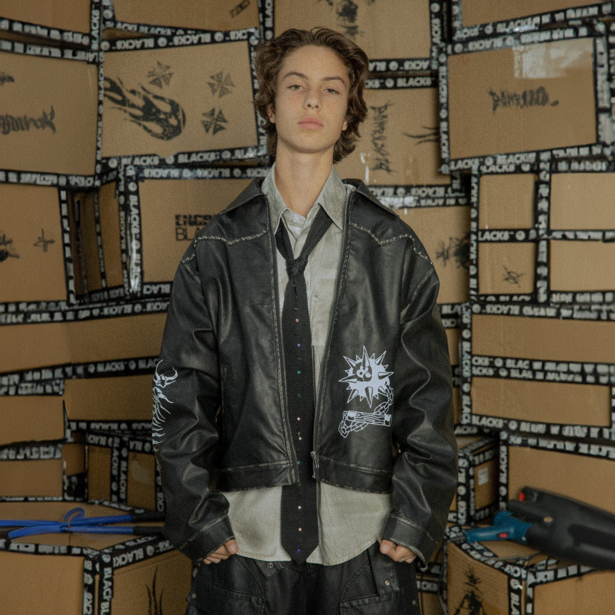 BLACK8MOB Distressed Graphics Faded Studded Leather Jacket