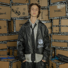BLACK8MOB Distressed Graphics Faded Studded Leather Jacket