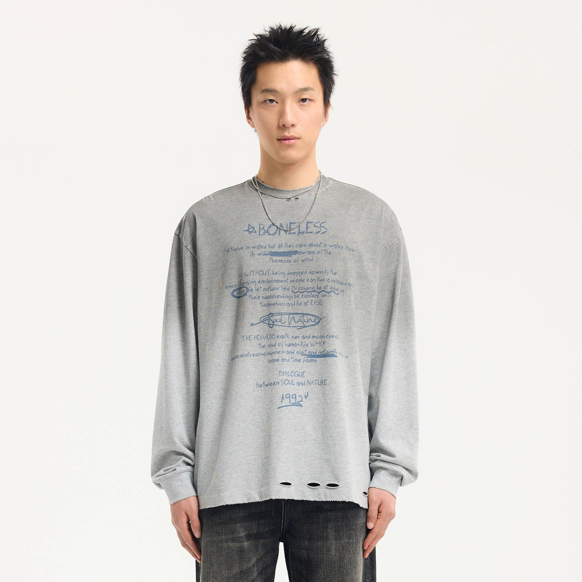 BONELESS Distressed Statement Graffiti Gradient Long-Sleeve Tee