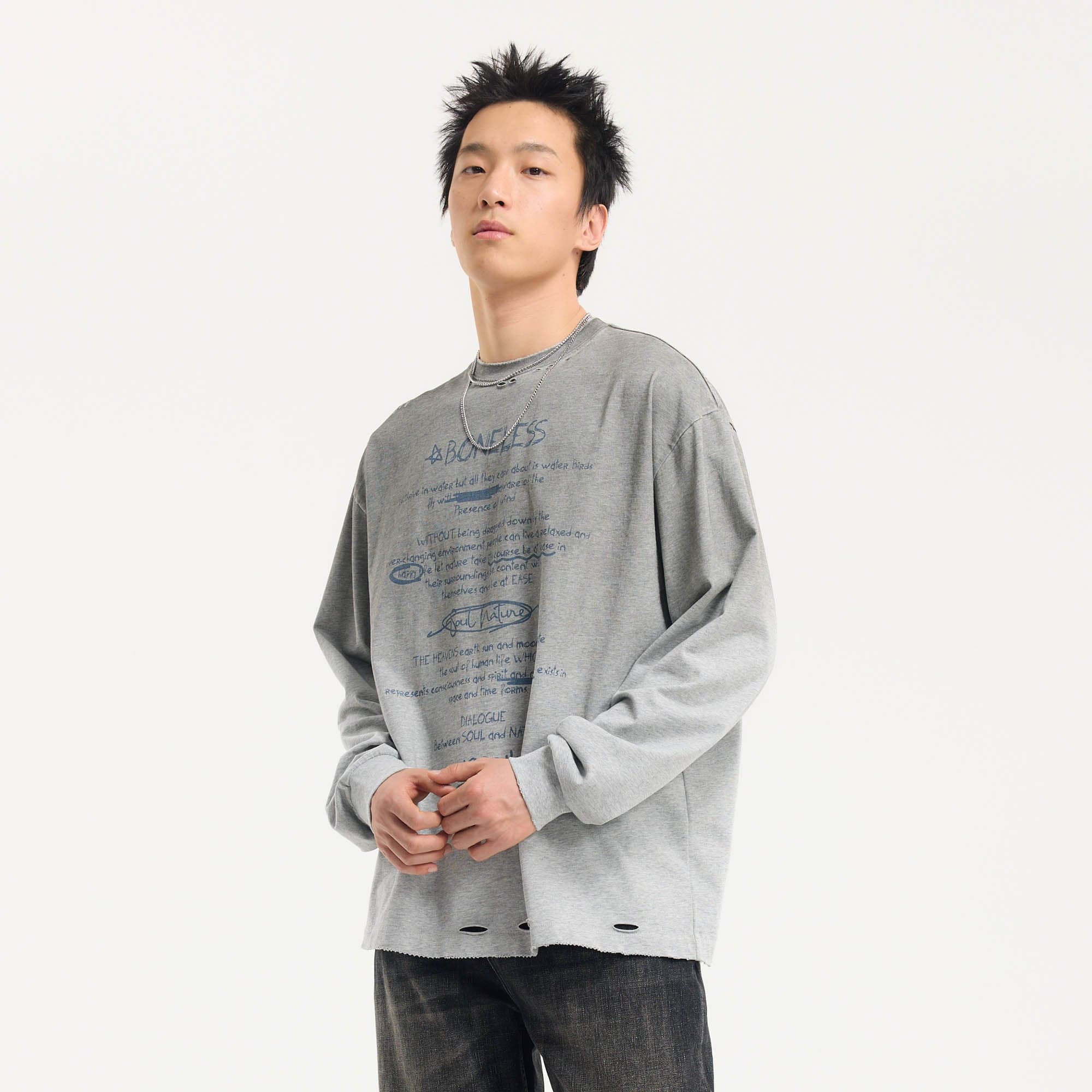 BONELESS Distressed Statement Graffiti Gradient Long-Sleeve Tee