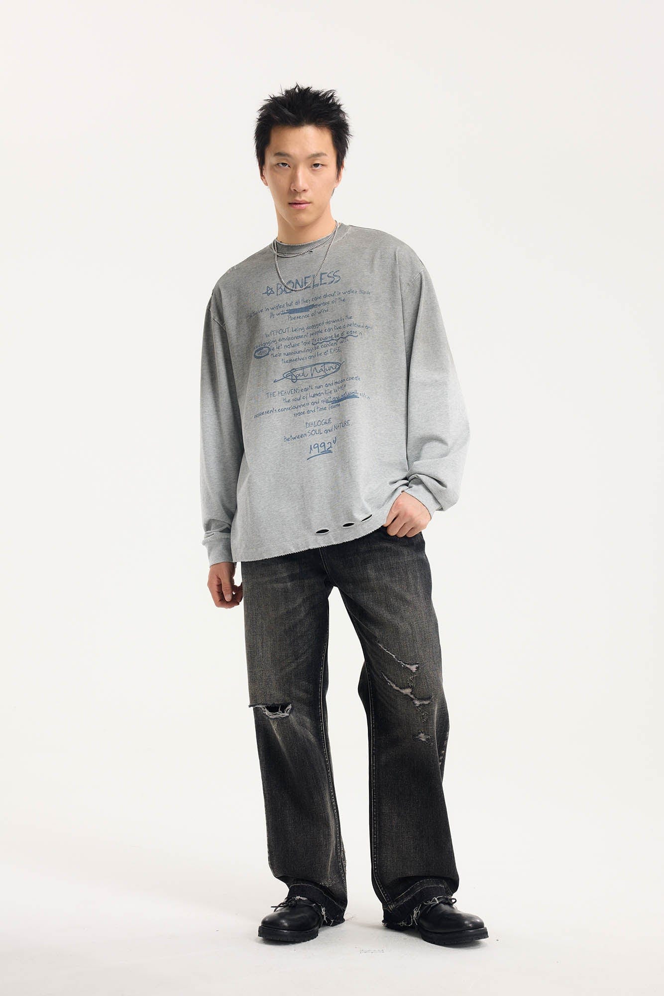 BONELESS Distressed Statement Graffiti Gradient Long-Sleeve Tee