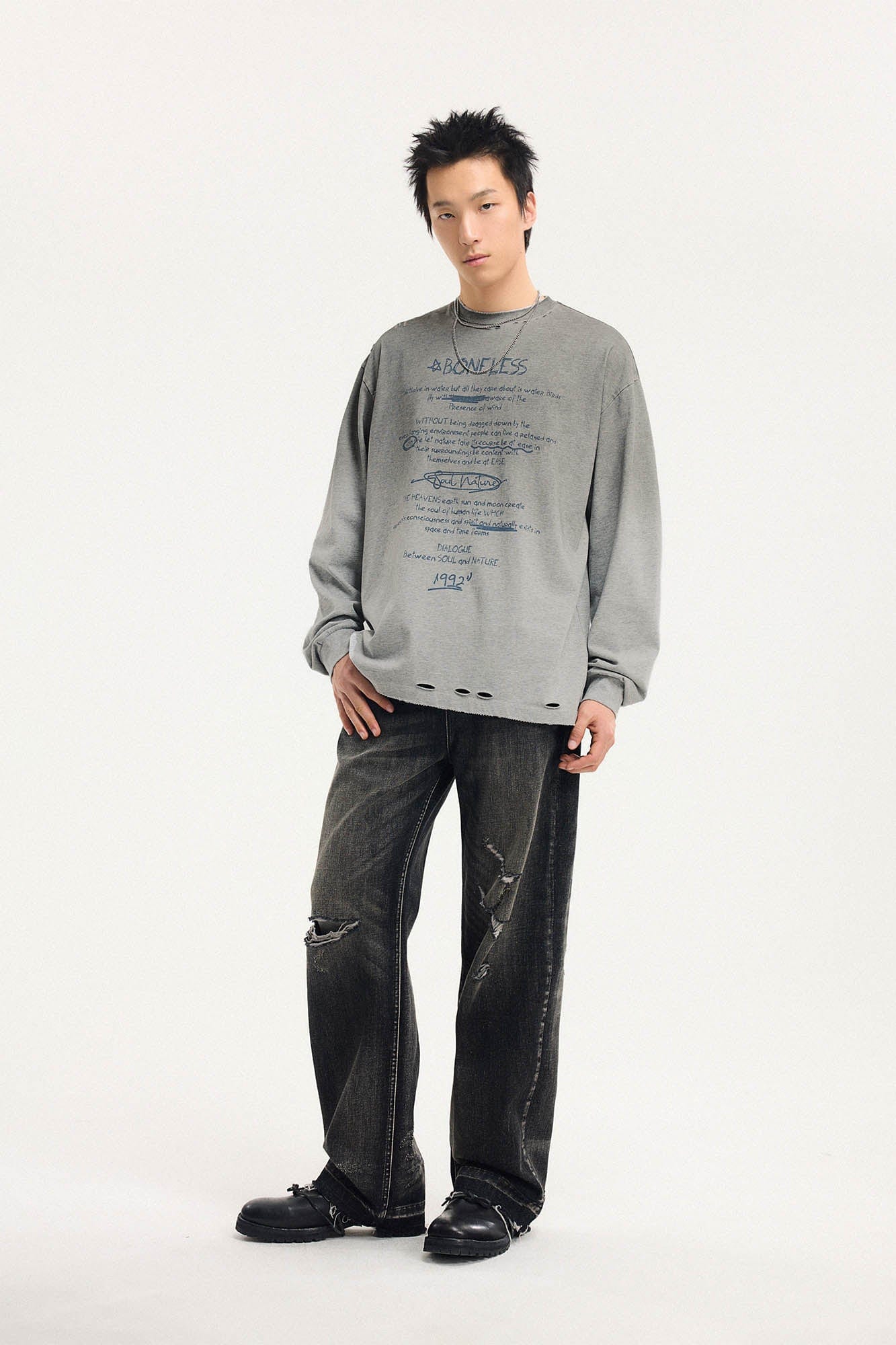 BONELESS Distressed Statement Graffiti Gradient Long-Sleeve Tee