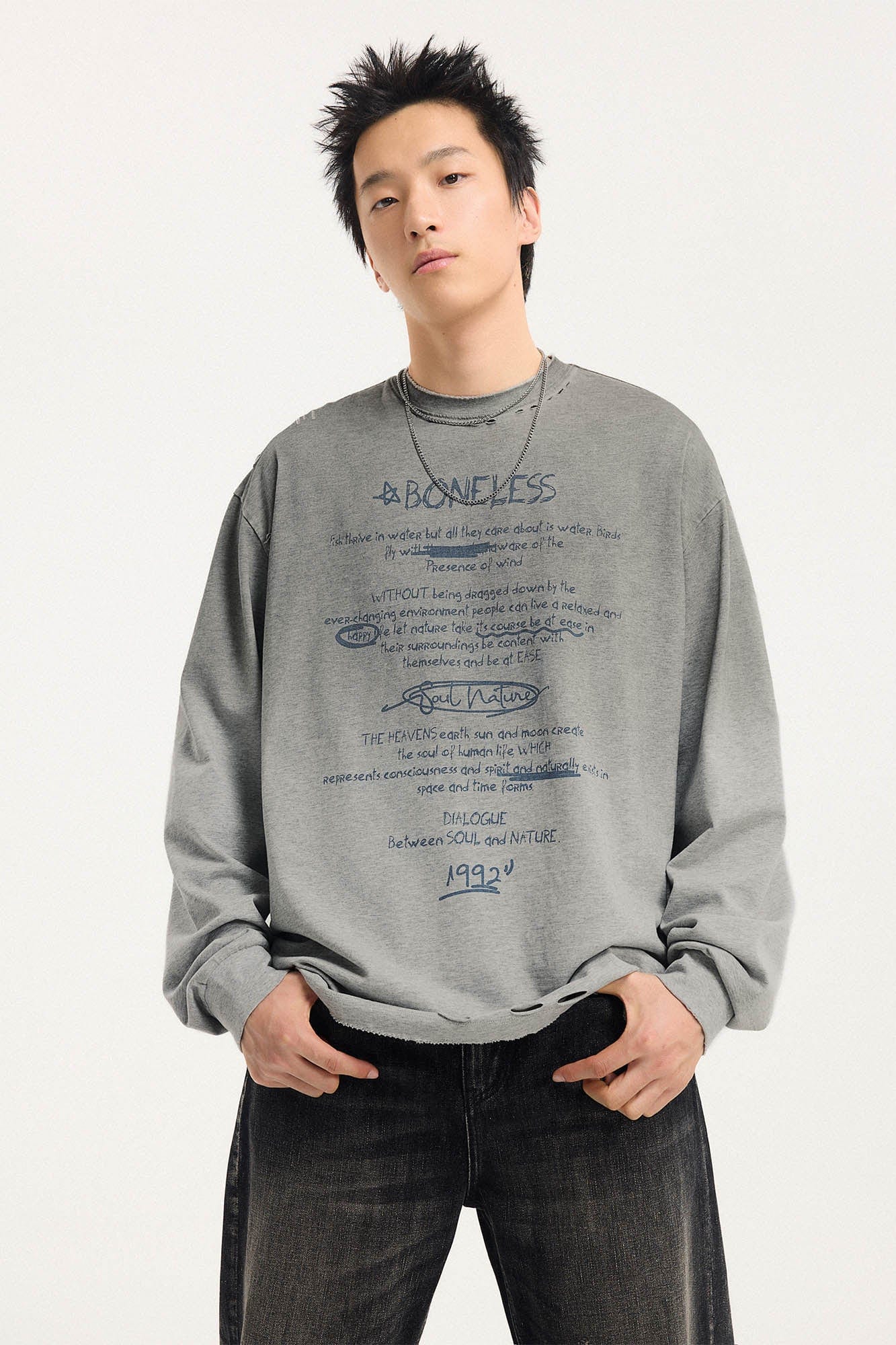 BONELESS Distressed Statement Graffiti Gradient Long-Sleeve Tee