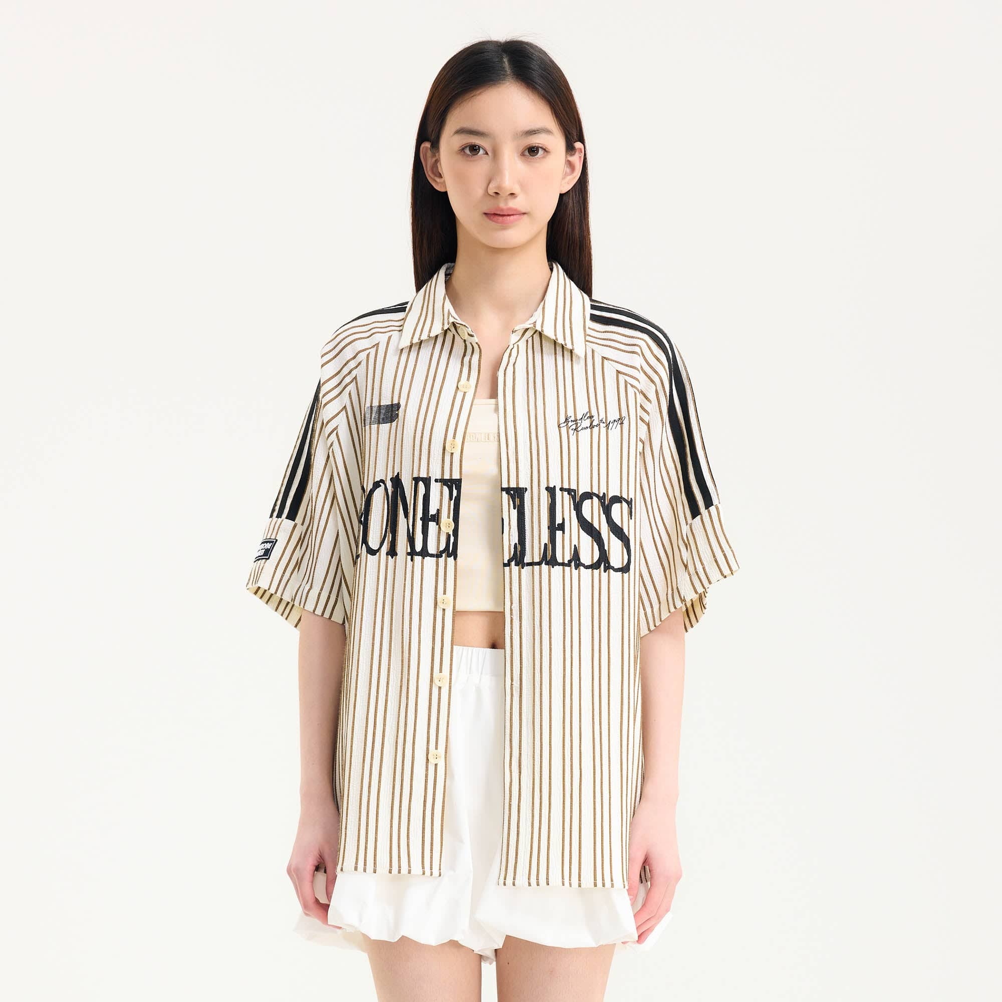 BONELESS Pinstriped Seersucker Raglan Half Shirt