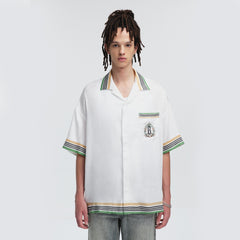 BONELESS Palm Tree & Dove Graphic Striped Collar Tencel Half Shirt