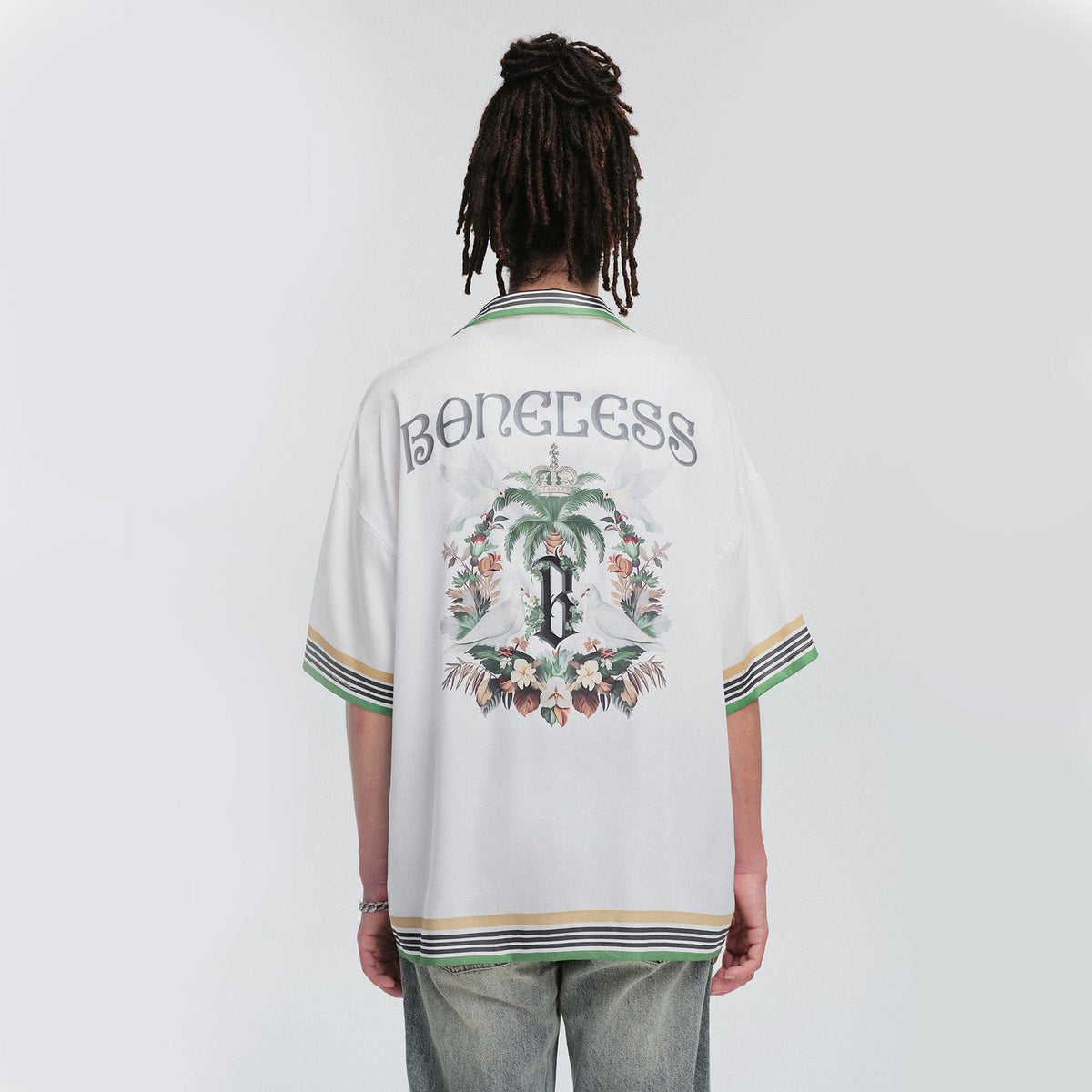 BONELESS Palm Tree & Dove Graphic Striped Collar Tencel Half Shirt