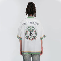 BONELESS Palm Tree & Dove Graphic Striped Collar Tencel Half Shirt