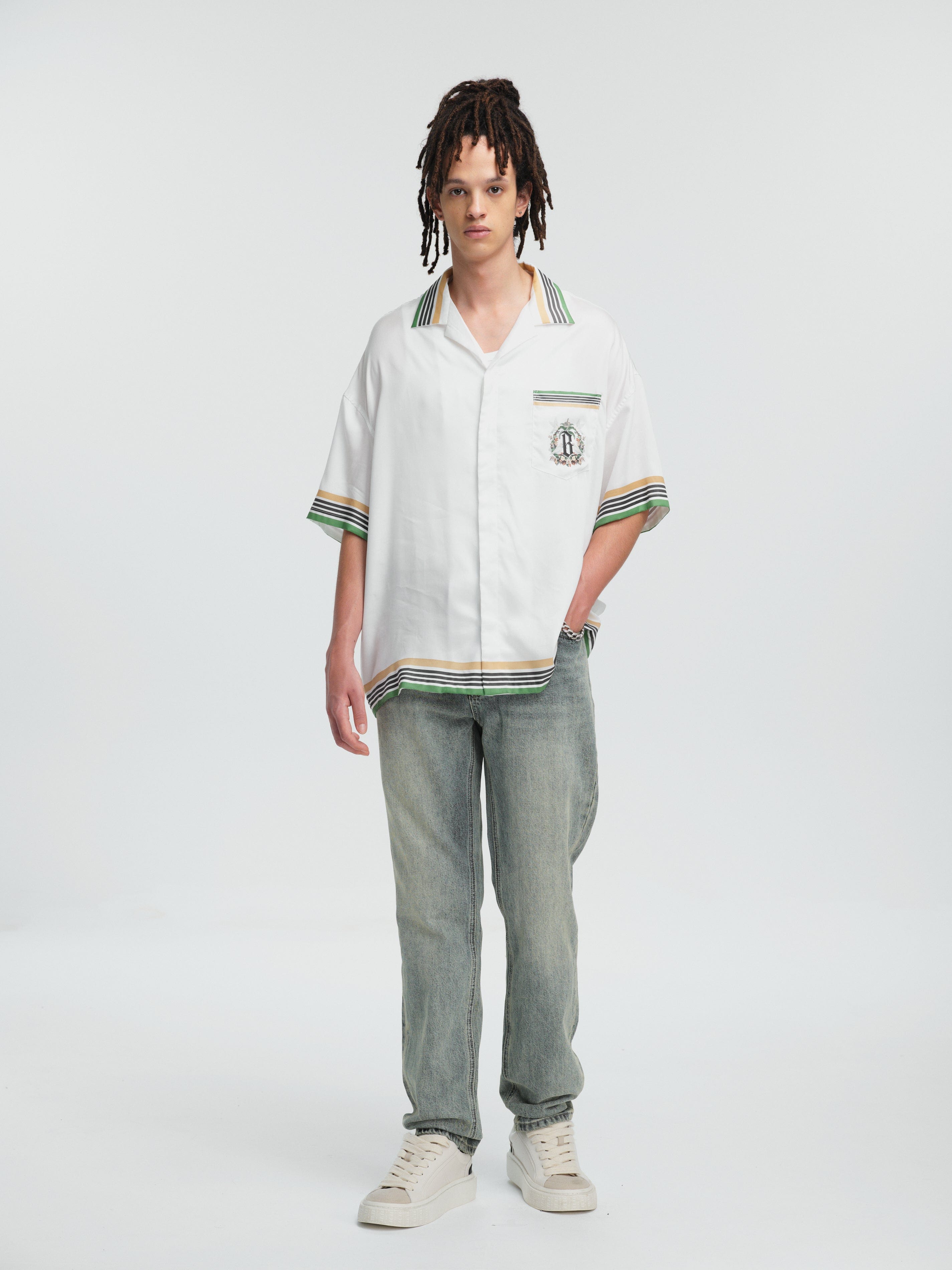 BONELESS Palm Tree & Dove Graphic Striped Collar Tencel Half Shirt