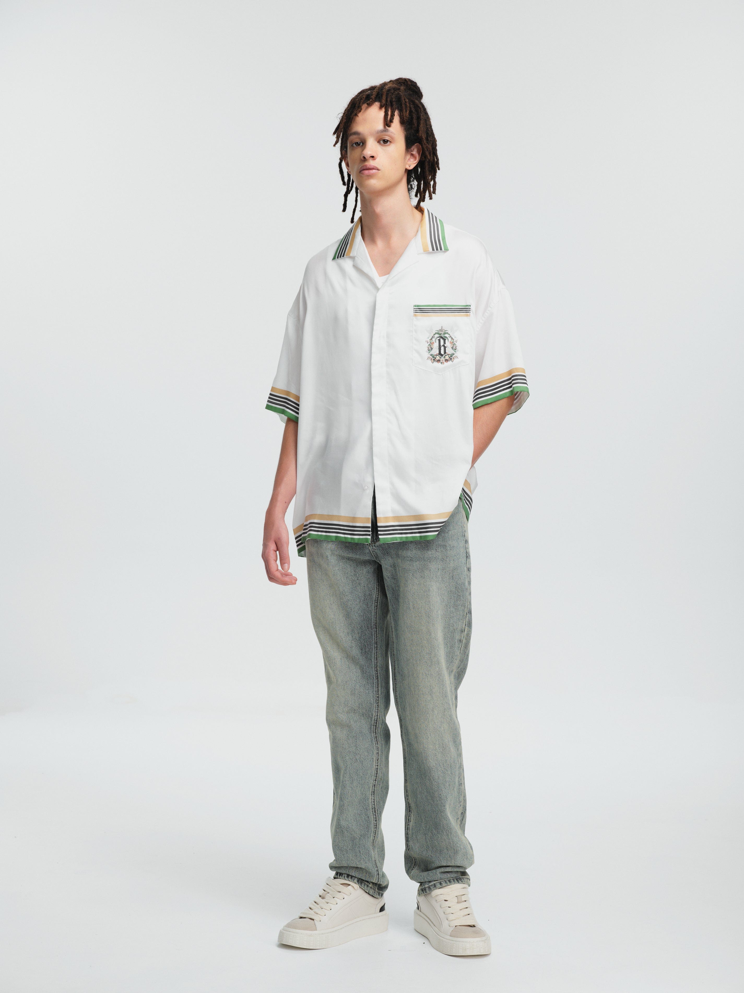 BONELESS Palm Tree & Dove Graphic Striped Collar Tencel Half Shirt