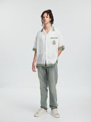 BONELESS Palm Tree & Dove Graphic Striped Collar Tencel Half Shirt