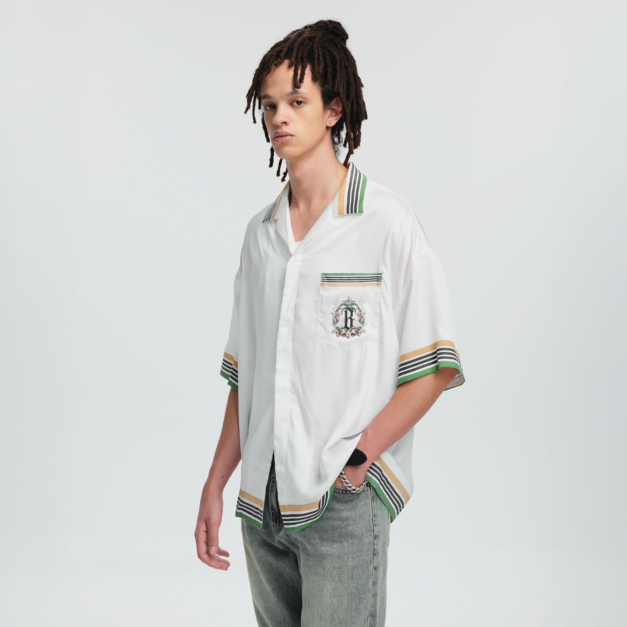 BONELESS Palm Tree & Dove Graphic Striped Collar Tencel Half Shirt