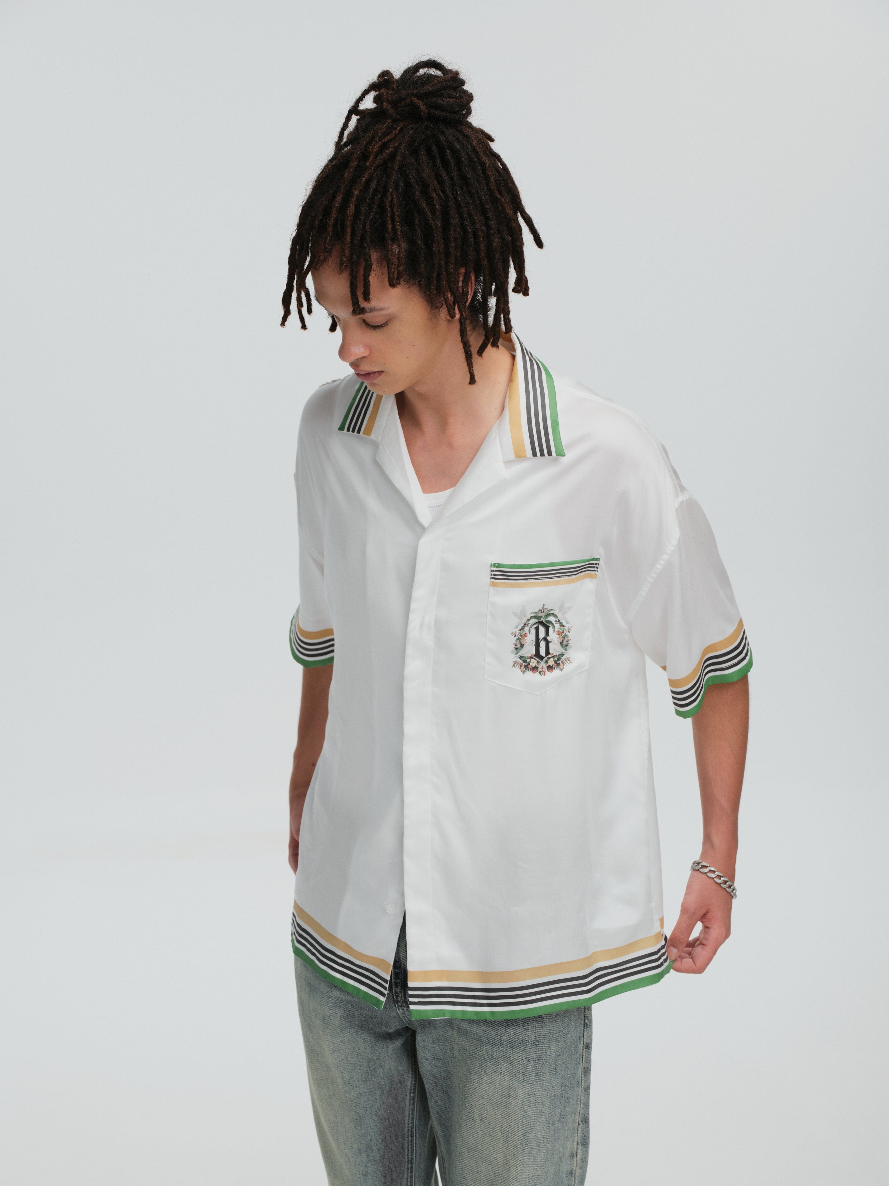 BONELESS Palm Tree & Dove Graphic Striped Collar Tencel Half Shirt