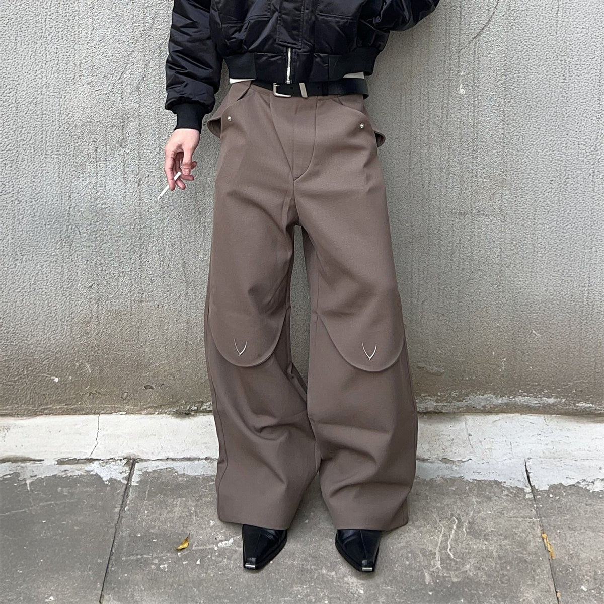 ESAIAS Layered Flap-Knee Wool-Blended Wide-Leg Trousers
