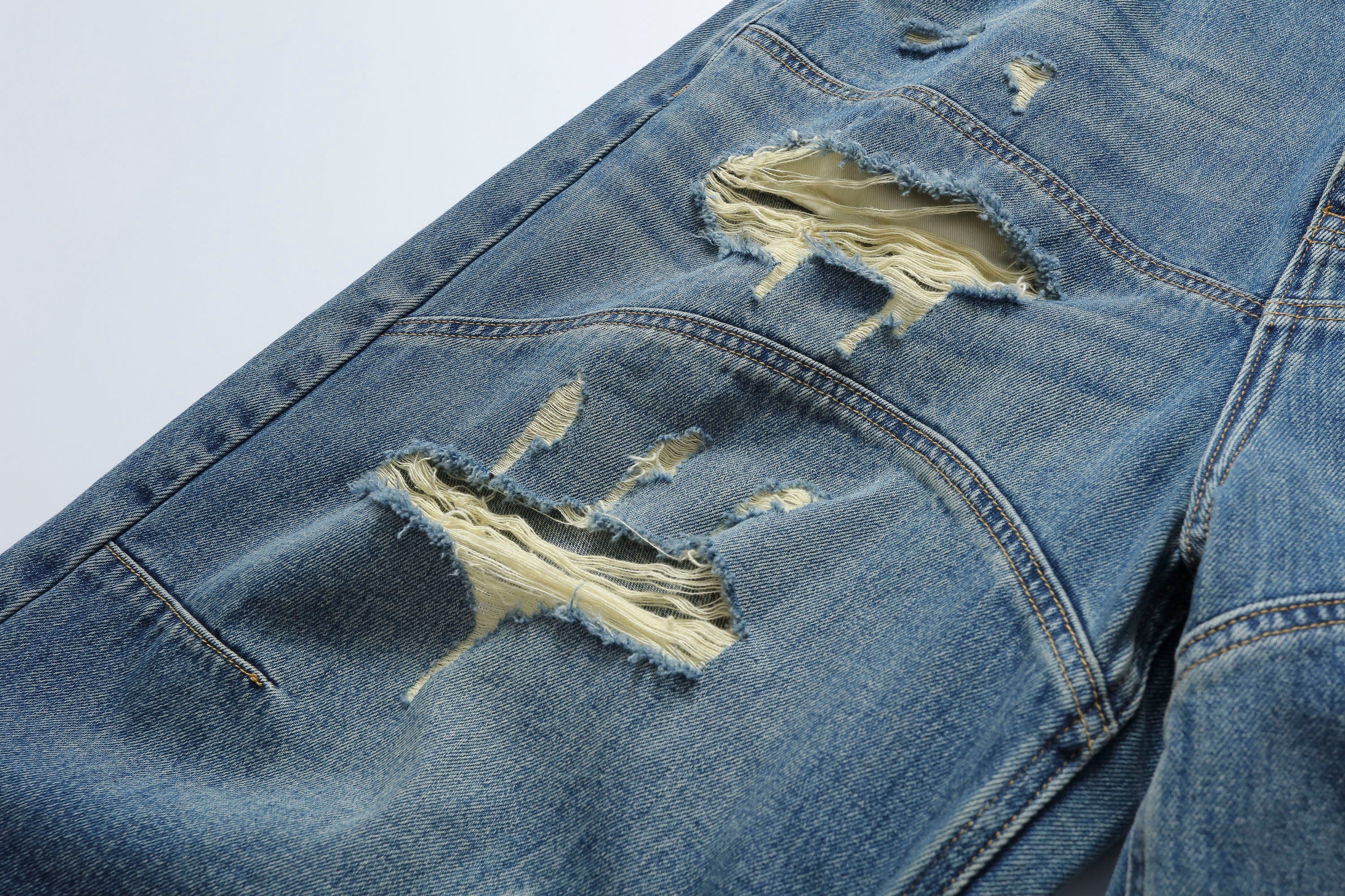 MAKEMORE Distressed Arc Spliced Ripped Denim Shorts