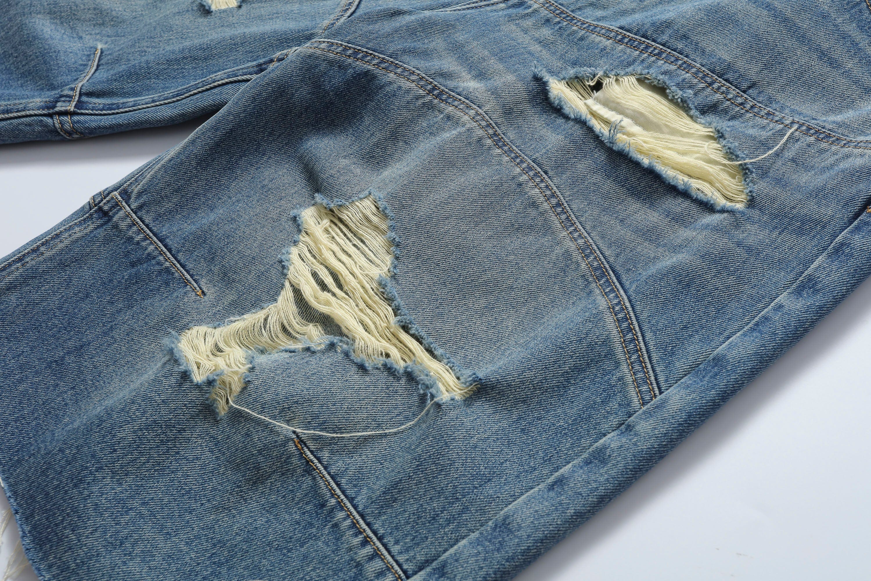 MAKEMORE Distressed Arc Spliced Ripped Denim Shorts