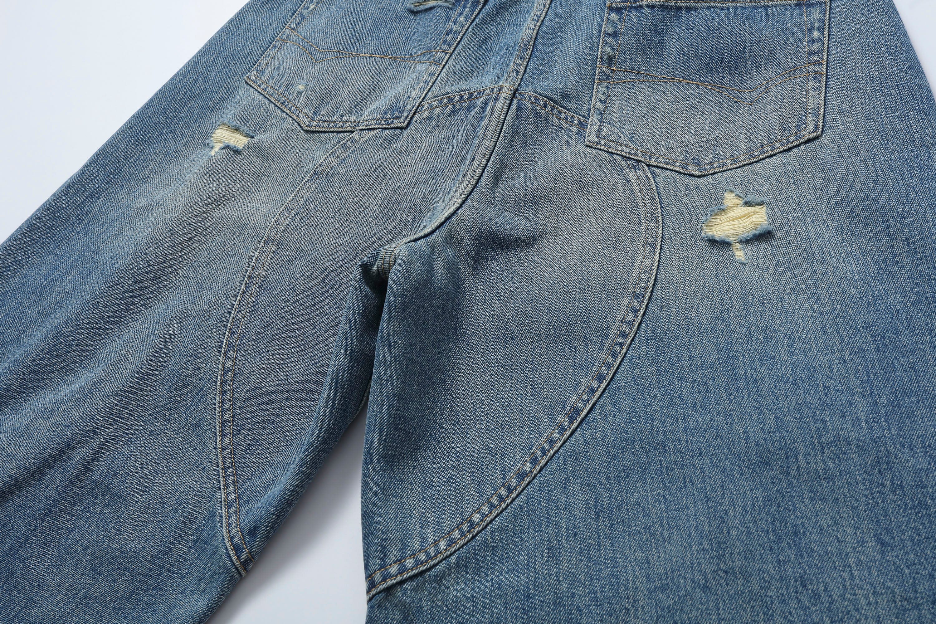 MAKEMORE Distressed Arc Spliced Ripped Denim Shorts