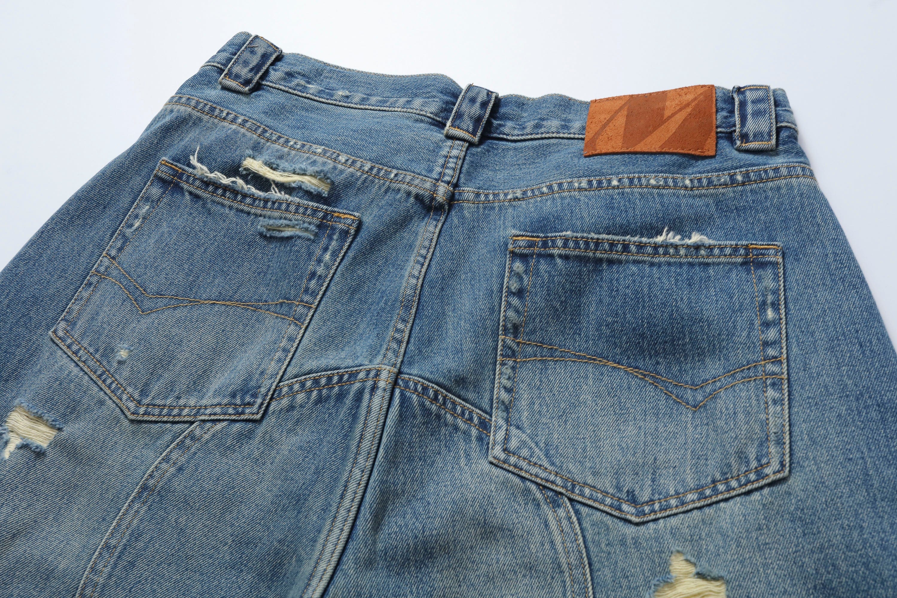 MAKEMORE Distressed Arc Spliced Ripped Denim Shorts