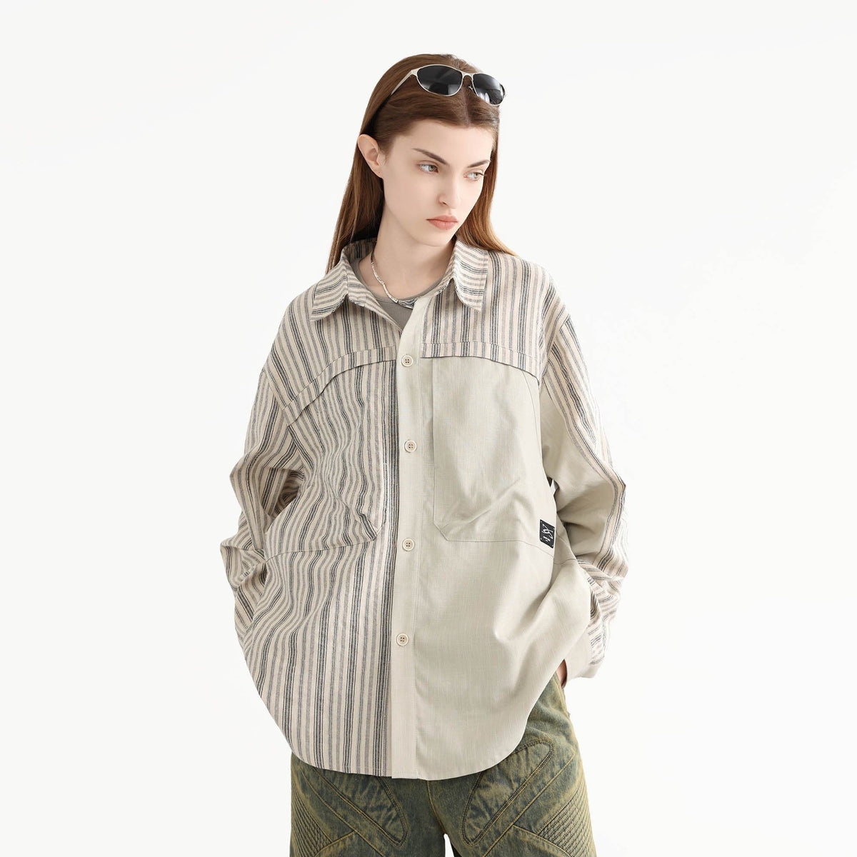 ERROR CODE ROBOT Paneled Striped Spliced Shirt