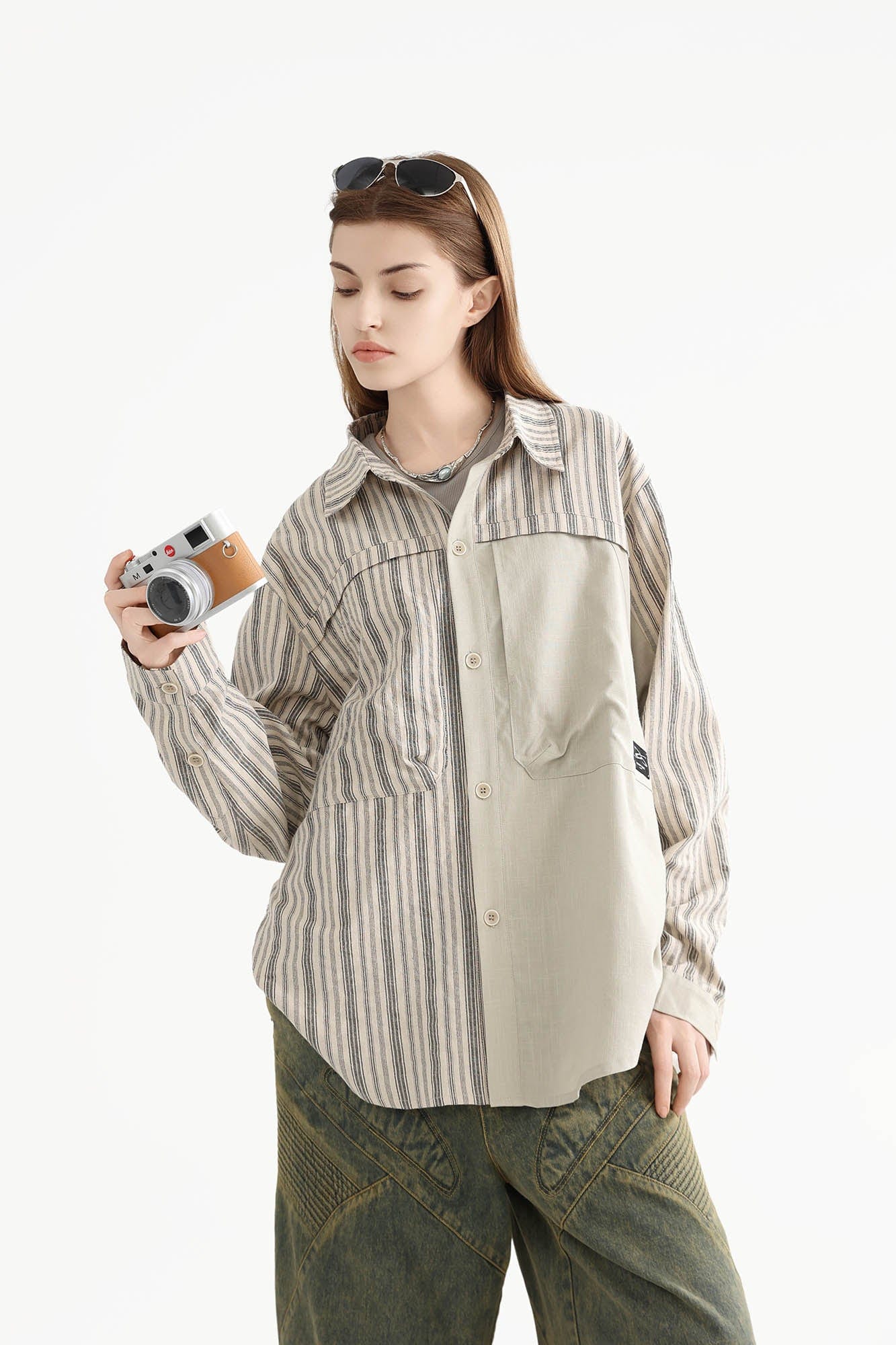 ERROR CODE ROBOT Paneled Striped Spliced Shirt