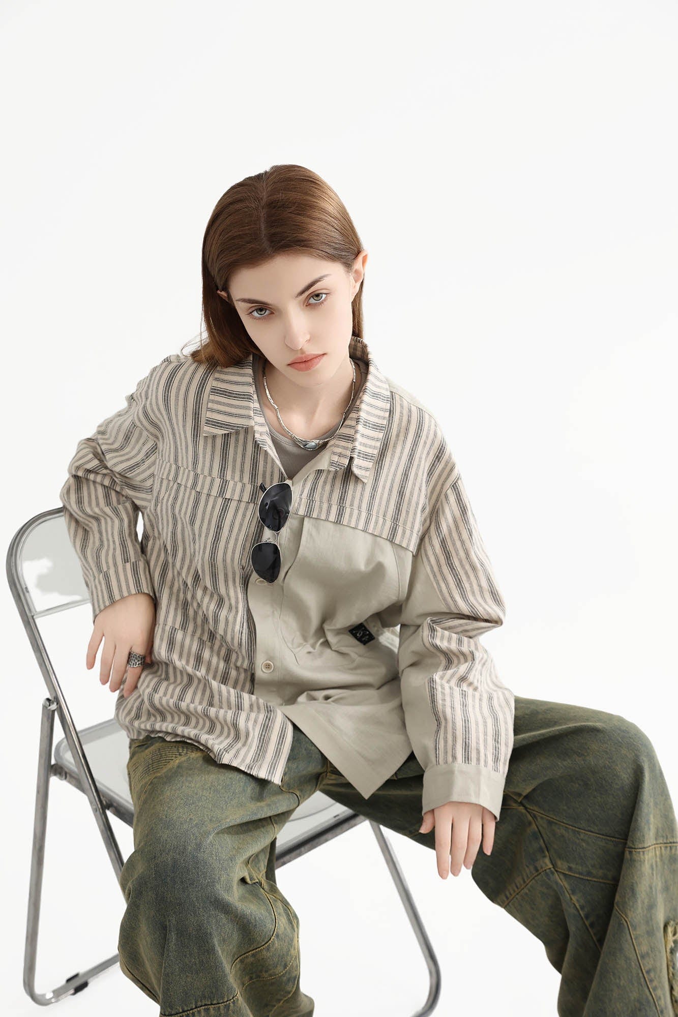 ERROR CODE ROBOT Paneled Striped Spliced Shirt