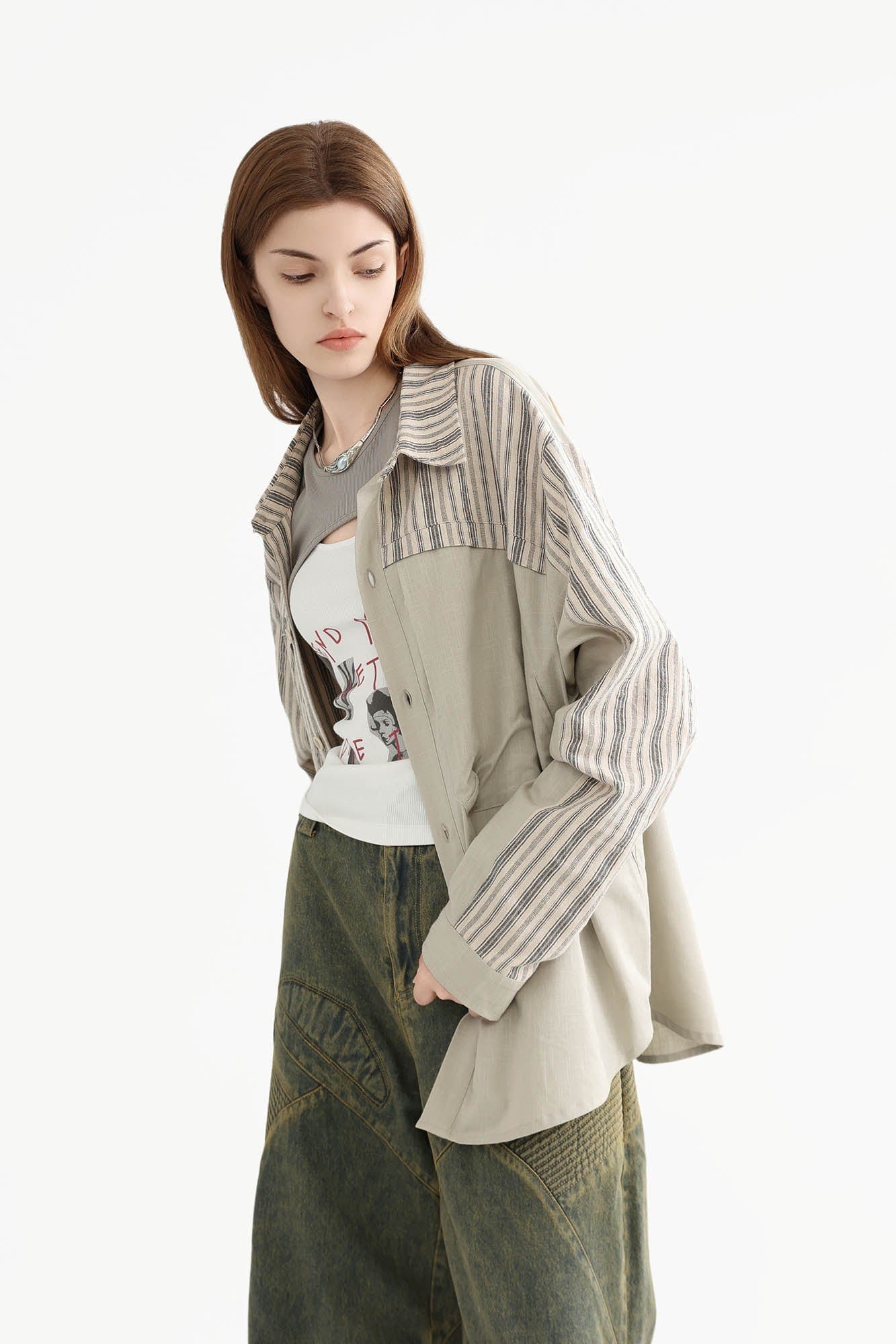 ERROR CODE ROBOT Paneled Striped Spliced Shirt