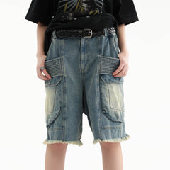 ERROR CODE ROBOT Washed Fringe Multi-Pocket Denim Shorts
