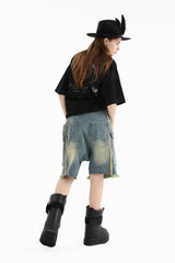 ERROR CODE ROBOT Washed Fringe Multi-Pocket Denim Shorts