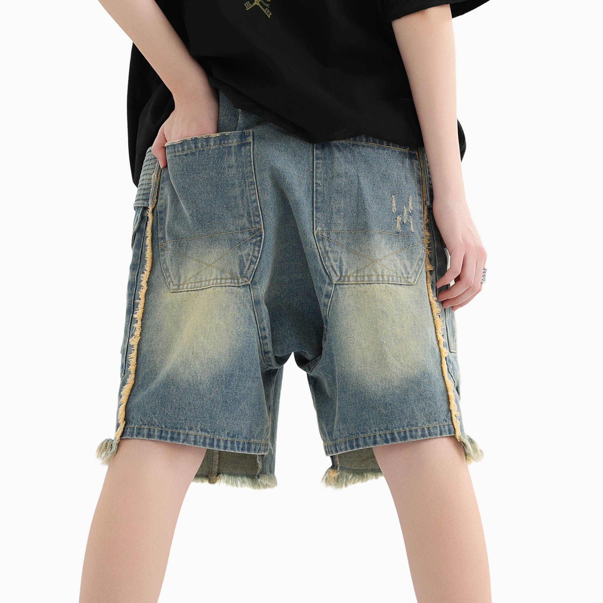 ERROR CODE ROBOT Washed Fringe Multi-Pocket Denim Shorts