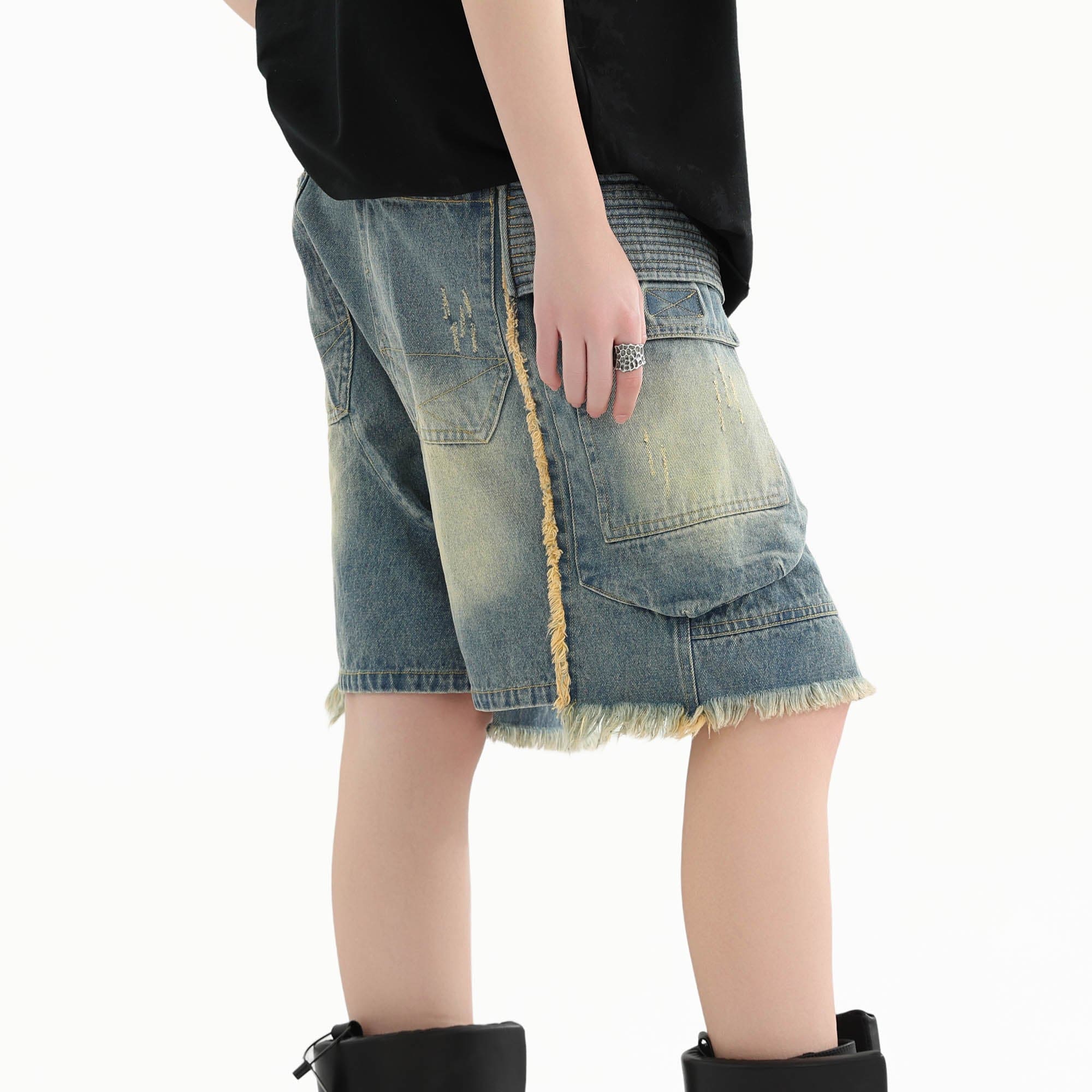 ERROR CODE ROBOT Washed Fringe Multi-Pocket Denim Shorts