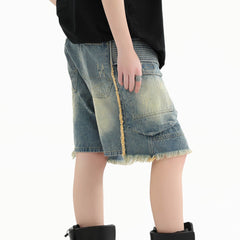 ERROR CODE ROBOT Washed Fringe Multi-Pocket Denim Shorts