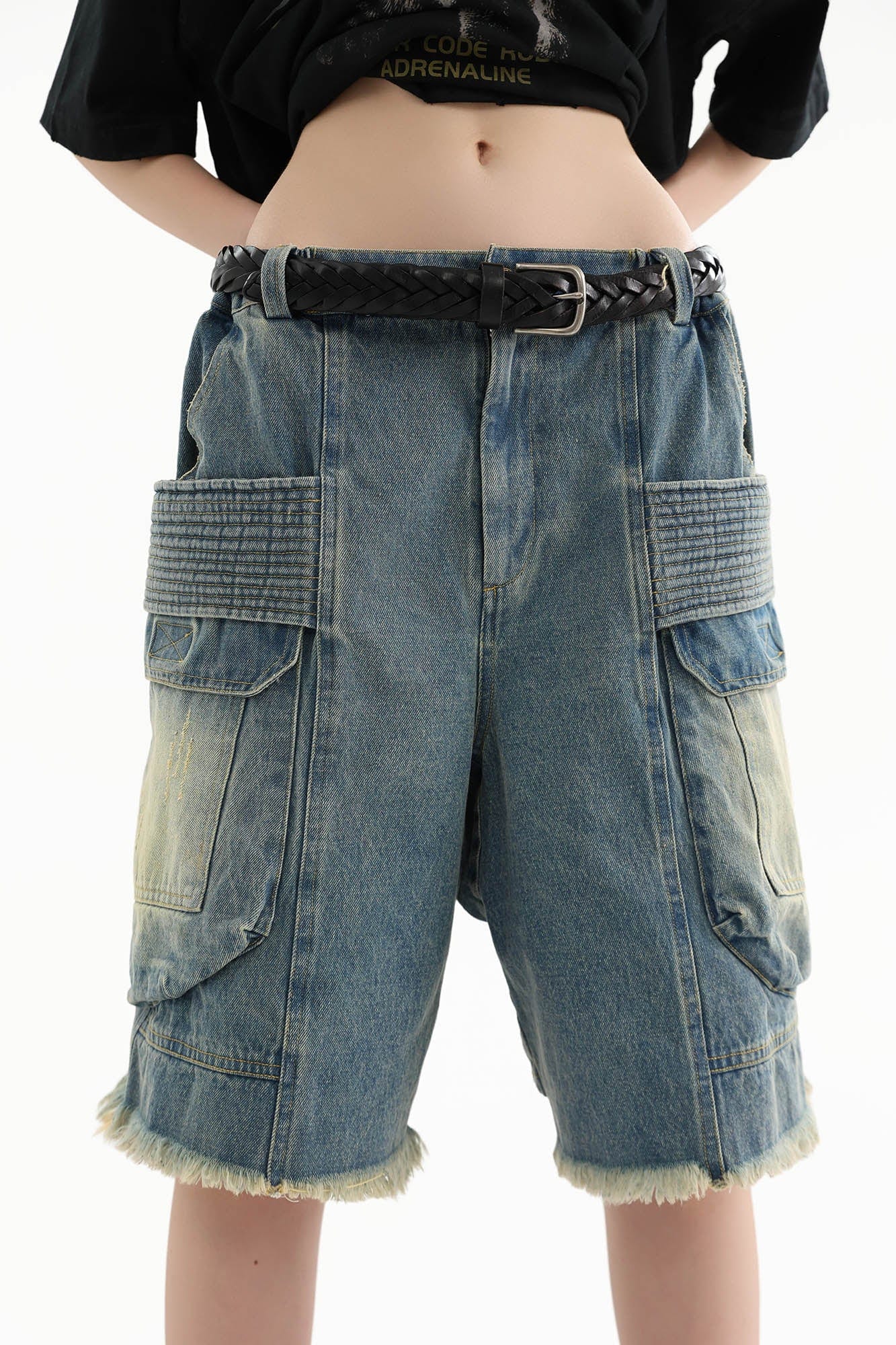 ERROR CODE ROBOT Washed Fringe Multi-Pocket Denim Shorts