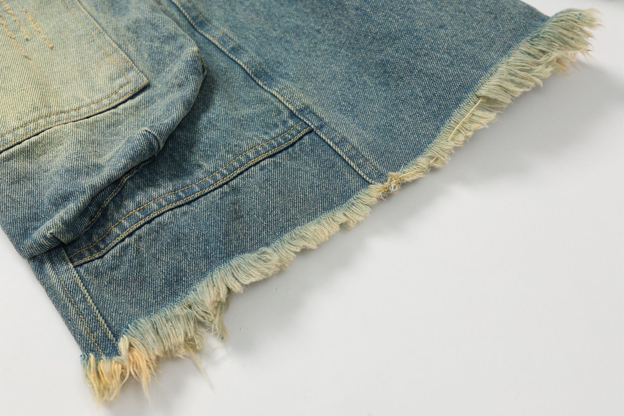 ERROR CODE ROBOT Washed Fringe Multi-Pocket Denim Shorts