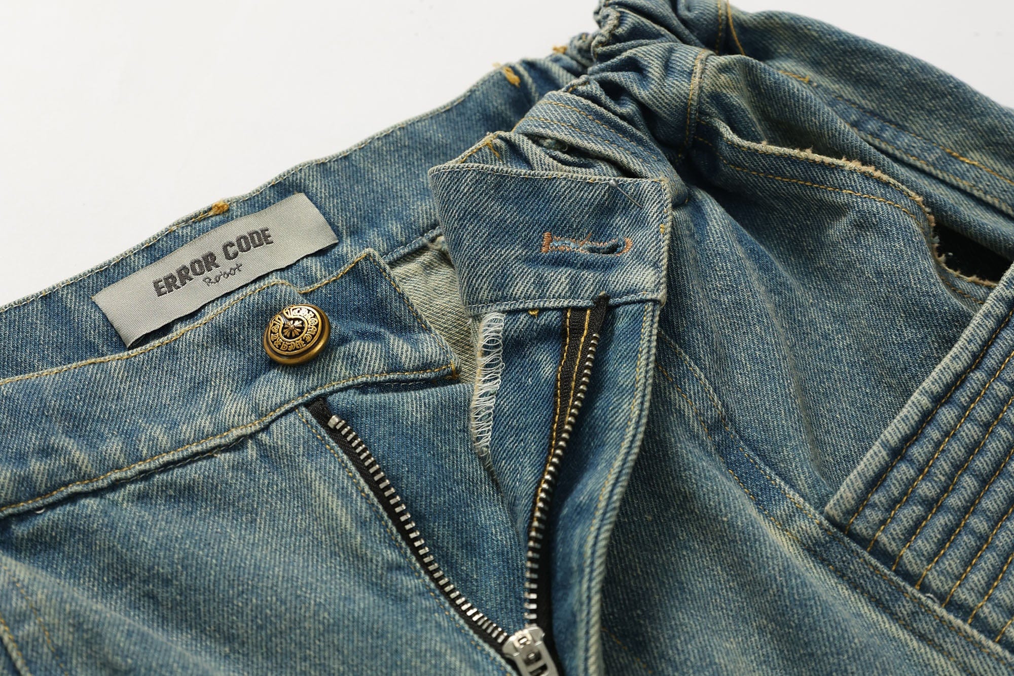 ERROR CODE ROBOT Washed Fringe Multi-Pocket Denim Shorts