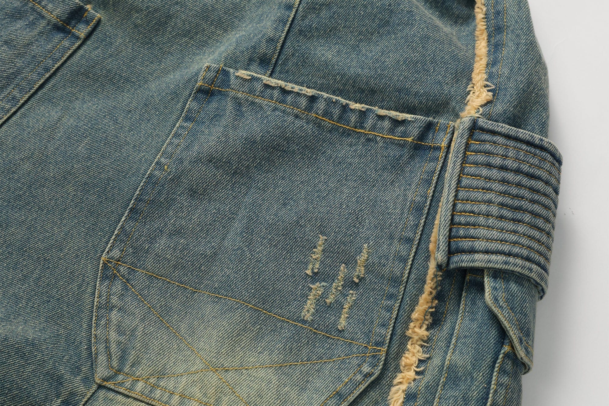ERROR CODE ROBOT Washed Fringe Multi-Pocket Denim Shorts