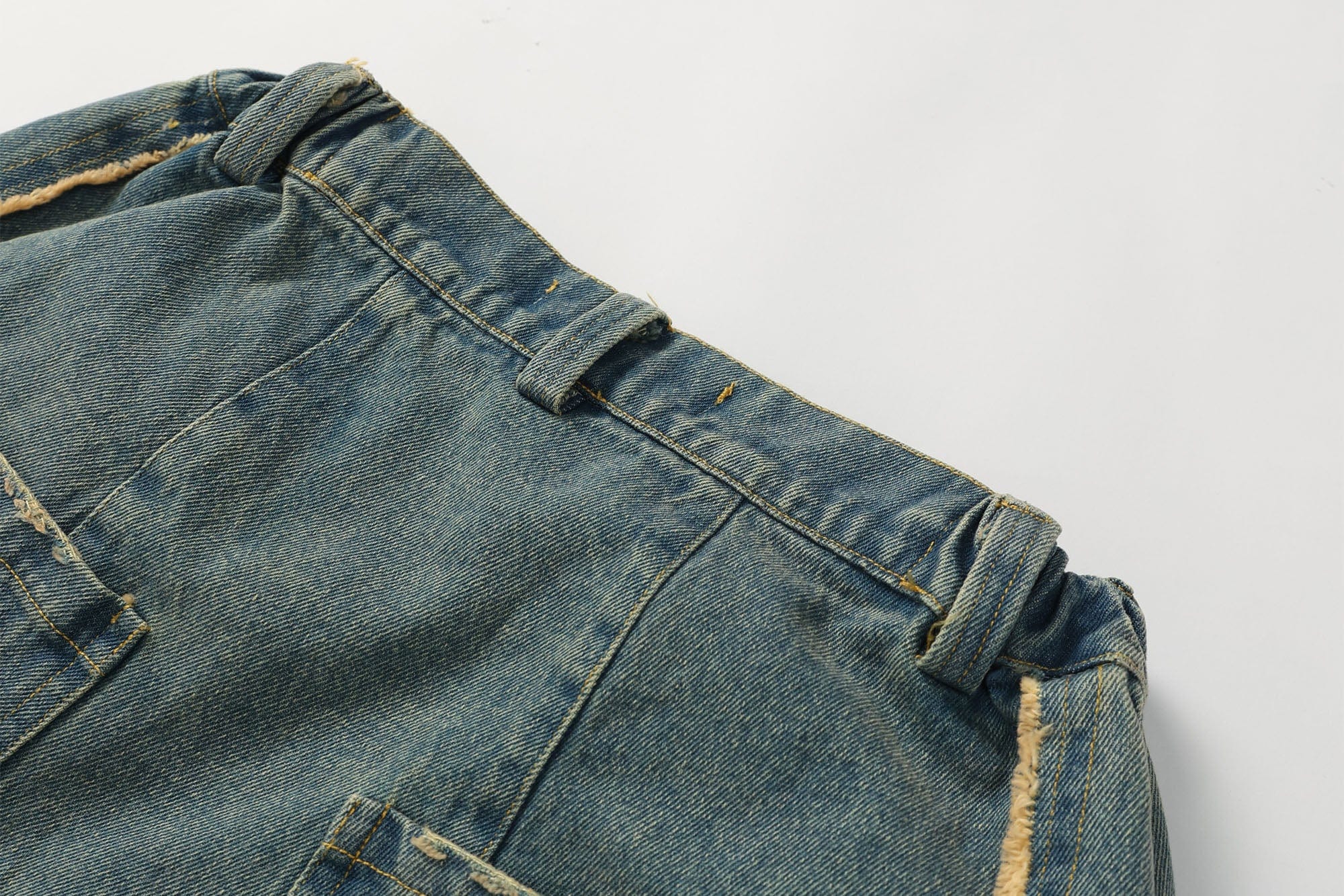 ERROR CODE ROBOT Washed Fringe Multi-Pocket Denim Shorts