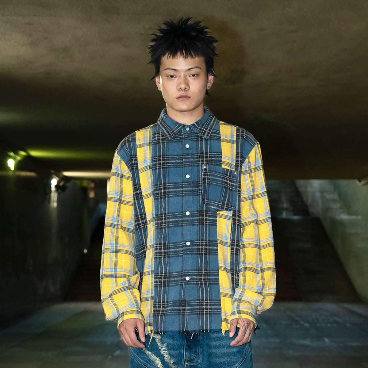 PHANTOMHUNTER Plaid Spliced Frayed Shirt