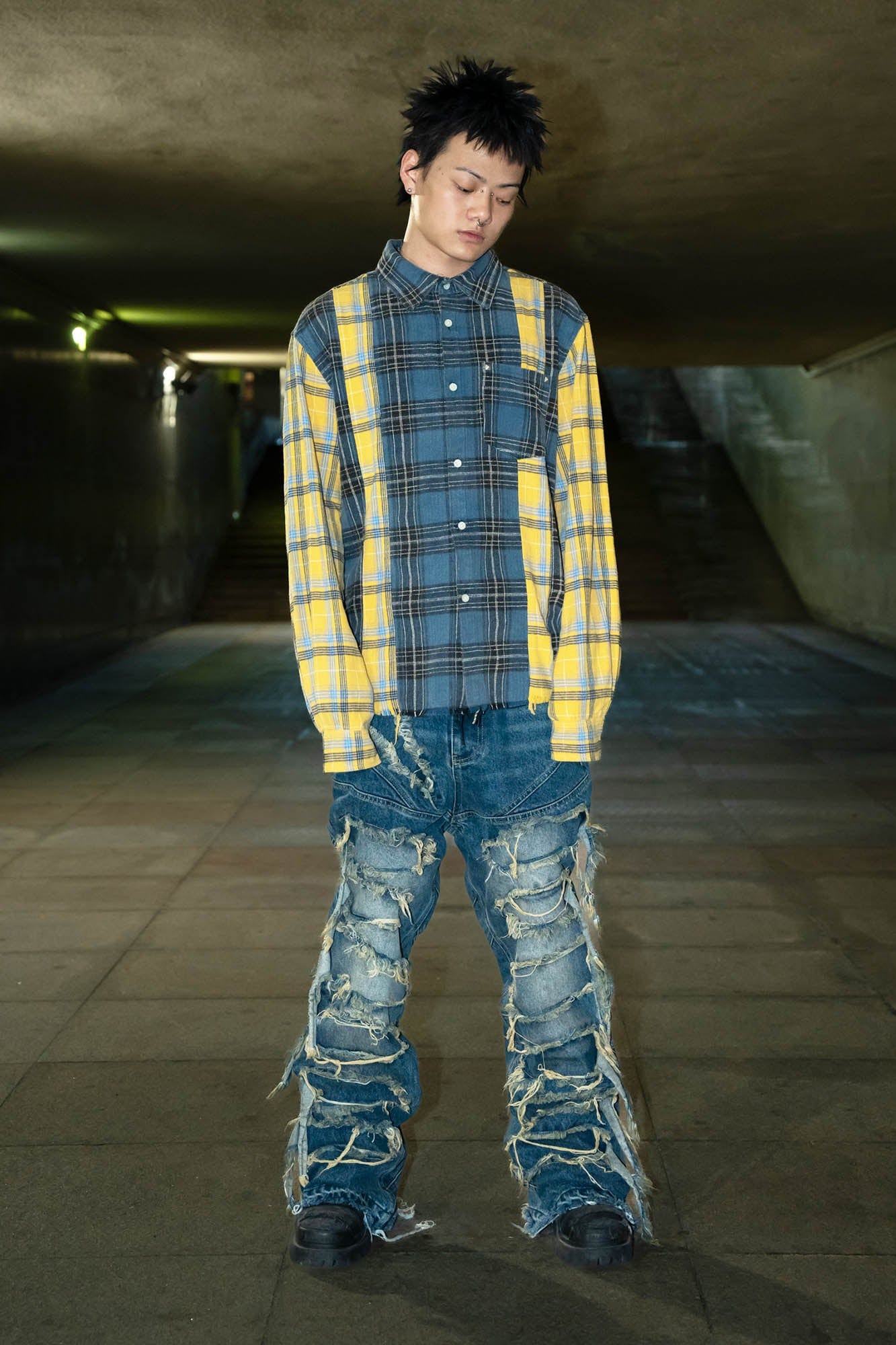 PHANTOMHUNTER Plaid Spliced Frayed Shirt