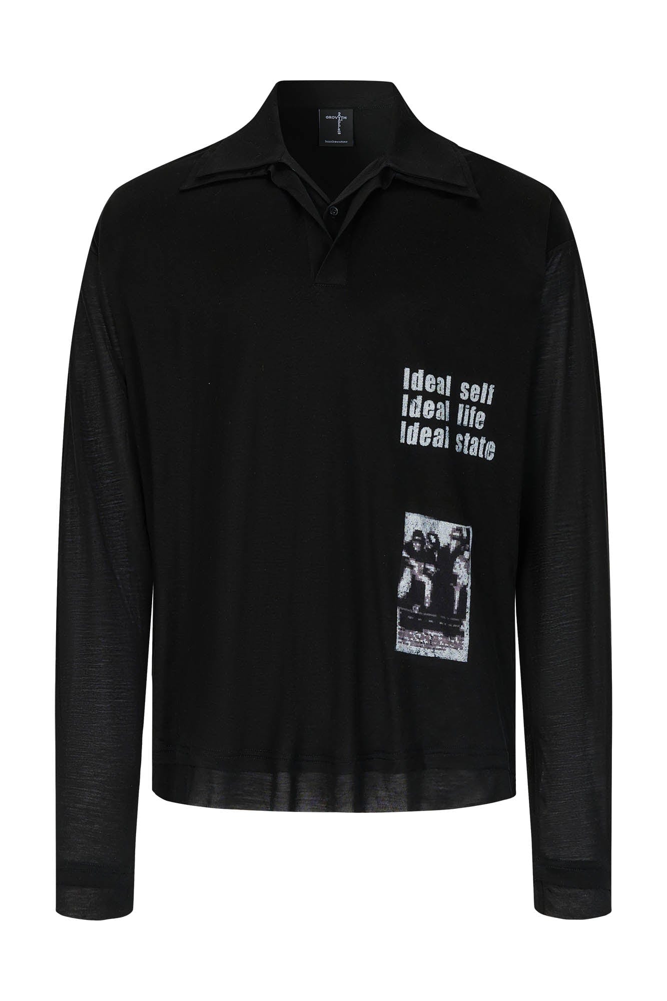 SAVAGEGROWTHWORLD Layered-Collar Slogan Polo Long-Sleeve T-Shirt