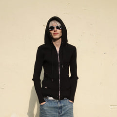 SOURPLUM Cropped Rivet Zip-Up Knitted Hoodie